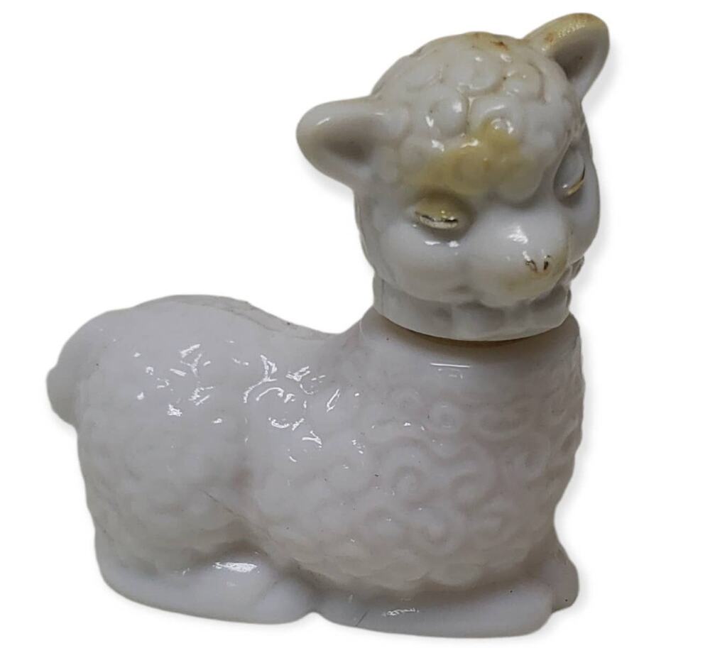 Vintage Avon White Little Lamb Topaz Cologne Milk Glass Perfume Bottle